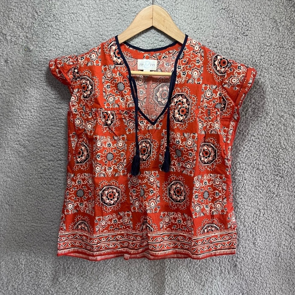 Jun & Ivy Top Women Large Orange And Blue Capped Sleeves Tassels